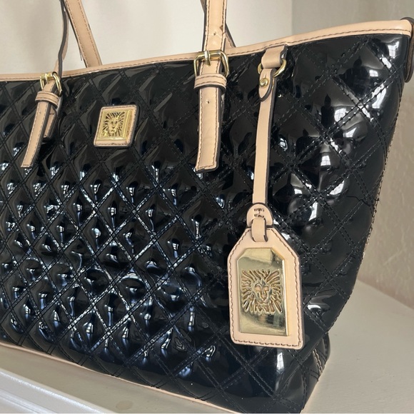 Anne Klein Quilted Patent Leather Shiny Black Tote Purse Shoulder Bag - Picture 2 of 14